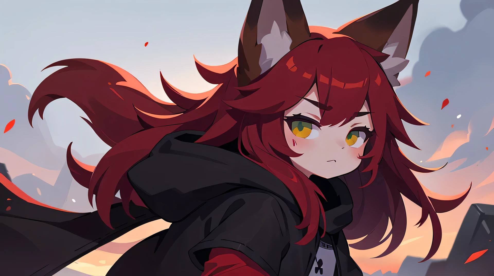 1girl, solo, from side, full body, (detailed:1.2), red hair, long hair, green eyes, red fox ears, red fox tail, long black coat, fur hood, arrogant look, (face and clothes stained with blood), gray earth and sky on background, smoky clouds, dark tones