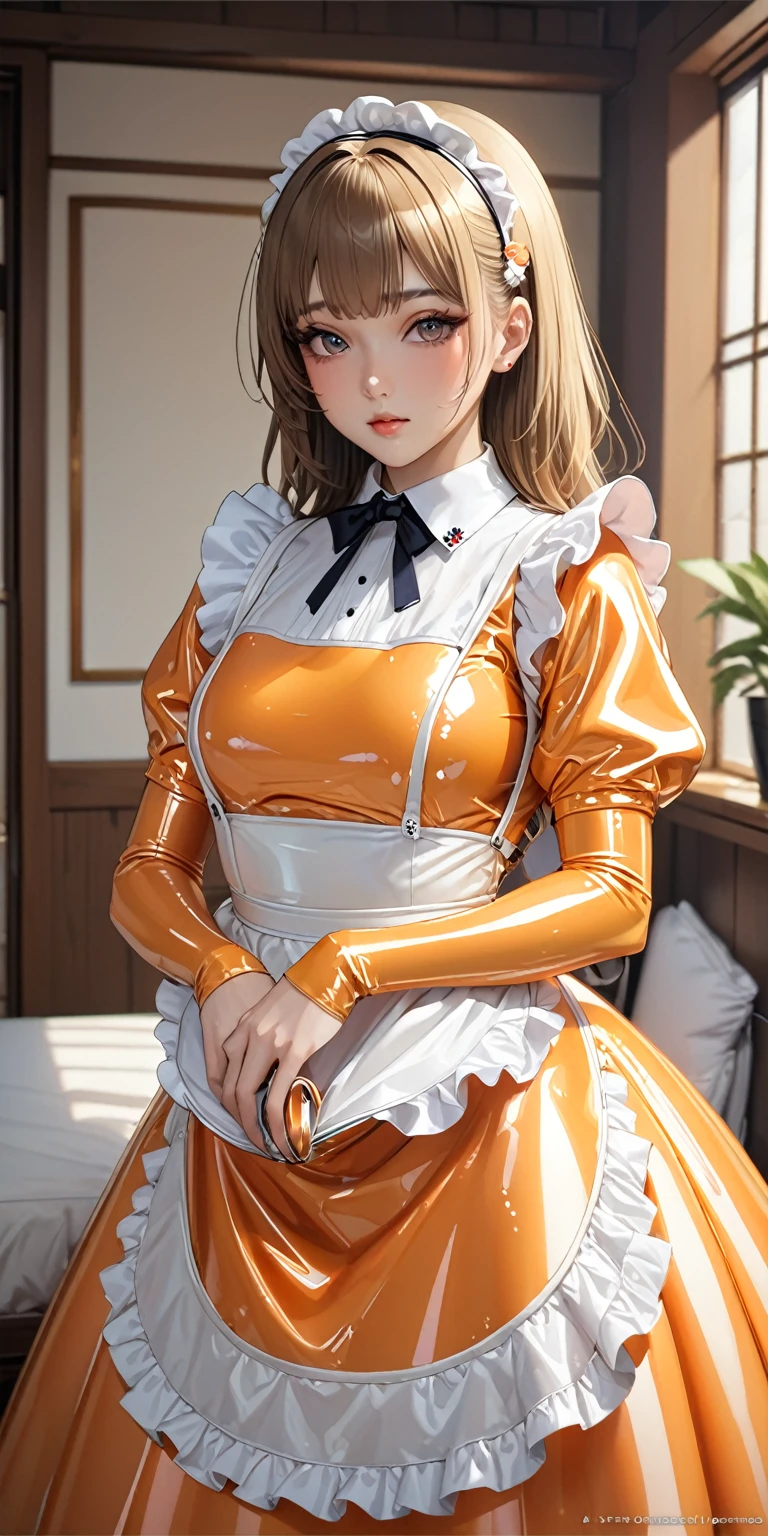 Portraiture、(masterpiece,Highest quality,Ultra-high resolution),Japanese women, Maid Headband、(((A very beautiful 25 year old)))、(She is wearing a shiny light orange latex long sleeve maid outfit..)、((A dress that doesn't reveal any skin))、(((A long skirt made of pale orange latex.)))、Pale orange latex gloves、((Pale orange latex bodysuit))、Sitting on a bed in a dark room