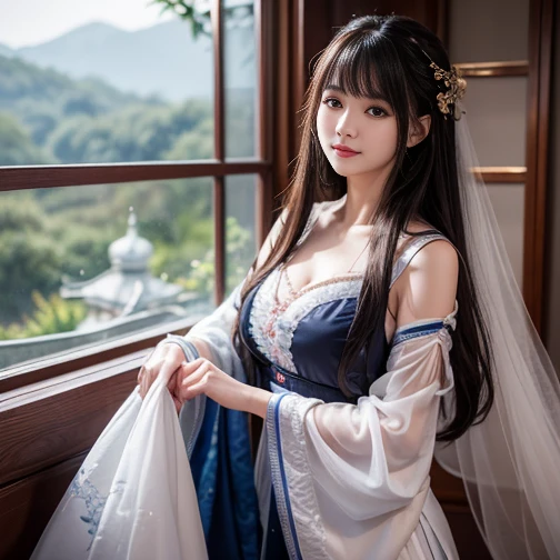 best quality, Delicate face,beautiful visual work, lifelike, eternity, black hair, Long curly hair, blunt bangs, Smile, Detailed Background, Delicate face,blush,cold,((masterpiece))、(top quality)、8k、high detail、Super detailed,21 years old female,身穿唐制Hanfu、waist skirt, Clothes are light and fluffy,Hanfu, wide sleeves, Transparent sleeves, Tunic, Clothes made of chiffon, masterpiece、born、Scenes resembling fairy tale illustrations、intricate details和複雜的設計、Beautifully、magic、capricious、 Beautifully、Dream aesthetics、「𝓡𝓸𝓶𝓪𝓷𝓽𝓲𝓬、ethereal、charming、fickle、magic」、realism、Visual effects、FXAA、SSAO、Shader、voiceless、ambient lighting、Tone mapping、High resolution、Ultra high quality、Million pixels、(8K resolution:1.10)、8k、8k以下、8K resolution、high detail、intricate details, (high quality:1.2、masterpiece:1.2、:1.21)、(21 years old female:1.21)、(興奮地Smile)、(被dream般的氛圍所包圍、Model diagram,full-body shot,Normal 2 feet,Put your hands behind you,The protrusion of the breast is visible when wearing clothes, Large Breasts, H cup chest, antiquity, Xian Xia, gauze clothes, Soft and fluttering, Fairy, dream, fantasy, light, Elegant, nature, Immortal, romantic, classical, ribbon,Chinese style, The background is Chinese architecture
