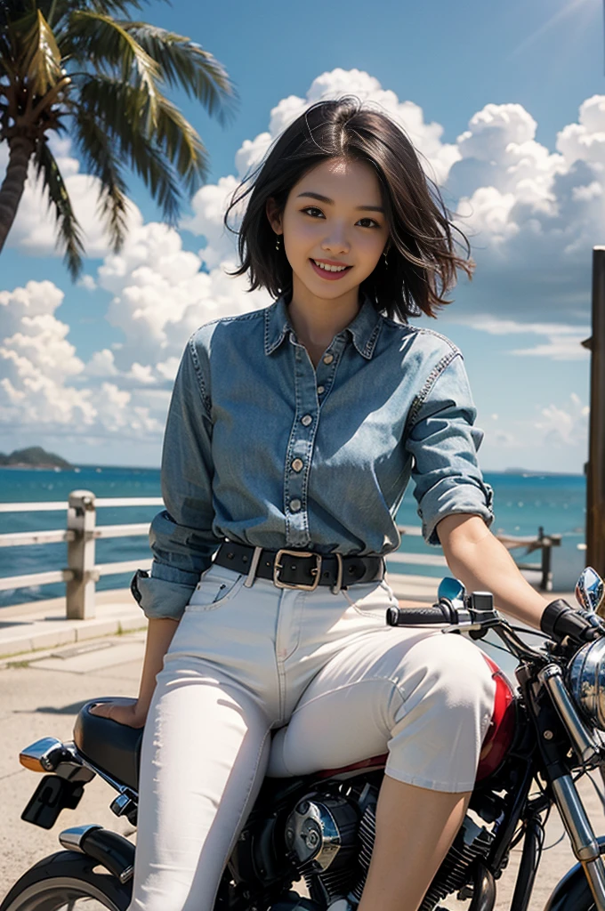 Best image quality、Ultra-high resolution、Tabletop、Photo quality(Realistic:1.8)、pores、Accuracy、Japanese women、23-year-old girl、Black-haired、cuteえくぼ、Young Face、cute、Short Bob、Slender、Small breasts、 Flat Chest、To the camera、Turn your body forward、Gravure Beautiful Girl、whole body、Gulf Road、Palm tree、White Bikini、Denim pants、Leather Belt、blue sky、White cloud、Light of the sun、Reflective plate、chopper motorcycle、 pull back handle、 easy rider style、red Harley-Davidson、sit astride a motorcycle、protrude、Laughing with your mouth open、White teeth、Happily、Look straight ahead、