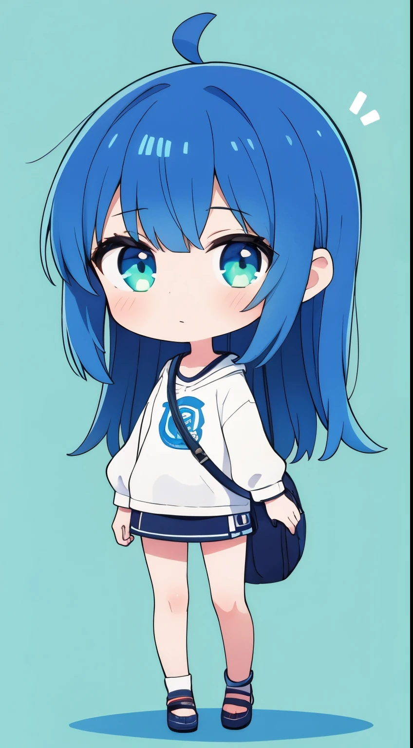 1girl, bluehair, chibi, full body, green back ground