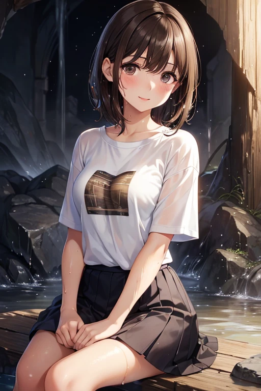 anegasaki nene、Shiny brown hair, short hair, (Beautiful brown eyes、Sparkling eyes, Fine grain)、smile、Ultra-detailed eyes、Very detailed顔, Very detailed目,
{{{masterpiece}}}, {{{最high quality}}}, {{Very detailed}}, {One person}, Very detailed,
(high quality, High resolution, The finer details), Realistic, (Inside the cave), Bonfire, (Sitting), break (Wet Hair:1.2), (Your clothes are wet:1.2), (T-Shirts), (skirt), alone, Bonfireを眺める, blush, Sweat, Oily skin, snap shot, Shallow depth of field
