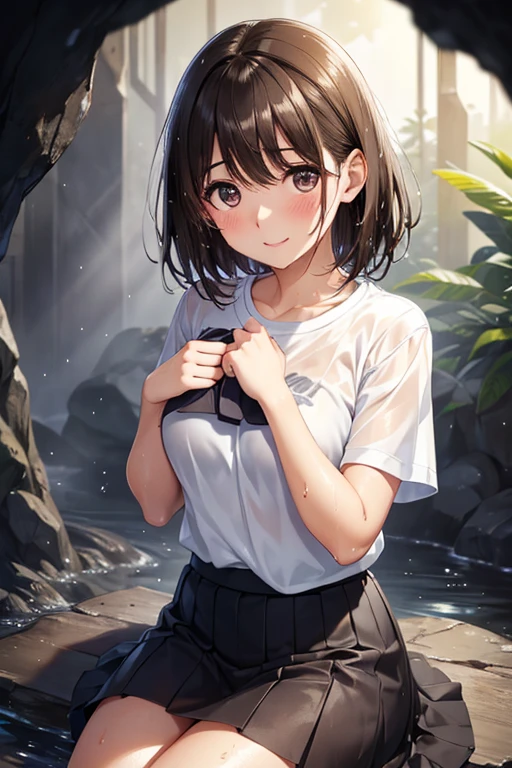 anegasaki nene、Shiny brown hair, short hair, (Beautiful brown eyes、Sparkling eyes, Fine grain)、smile、Ultra-detailed eyes、Very detailed顔, Very detailed目,


{{{masterpiece}}}, {{{最high quality}}}, {{Very detailed}}, {One person}, Very detailed, 
(high quality, High resolution, The finer details), Realistic, (Inside the cave), Bonfire, (Sitting), break (Wet Hair:1.2), (Your clothes are wet:1.2), (T-Shirts), (skirt), alone, Bonfireを眺める,  blush, Sweat, Oily skin, snap shot, Shallow depth of field