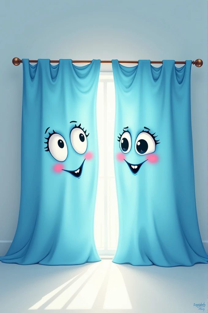 Create the image of two animated blue curtains with little eyes and a cute face