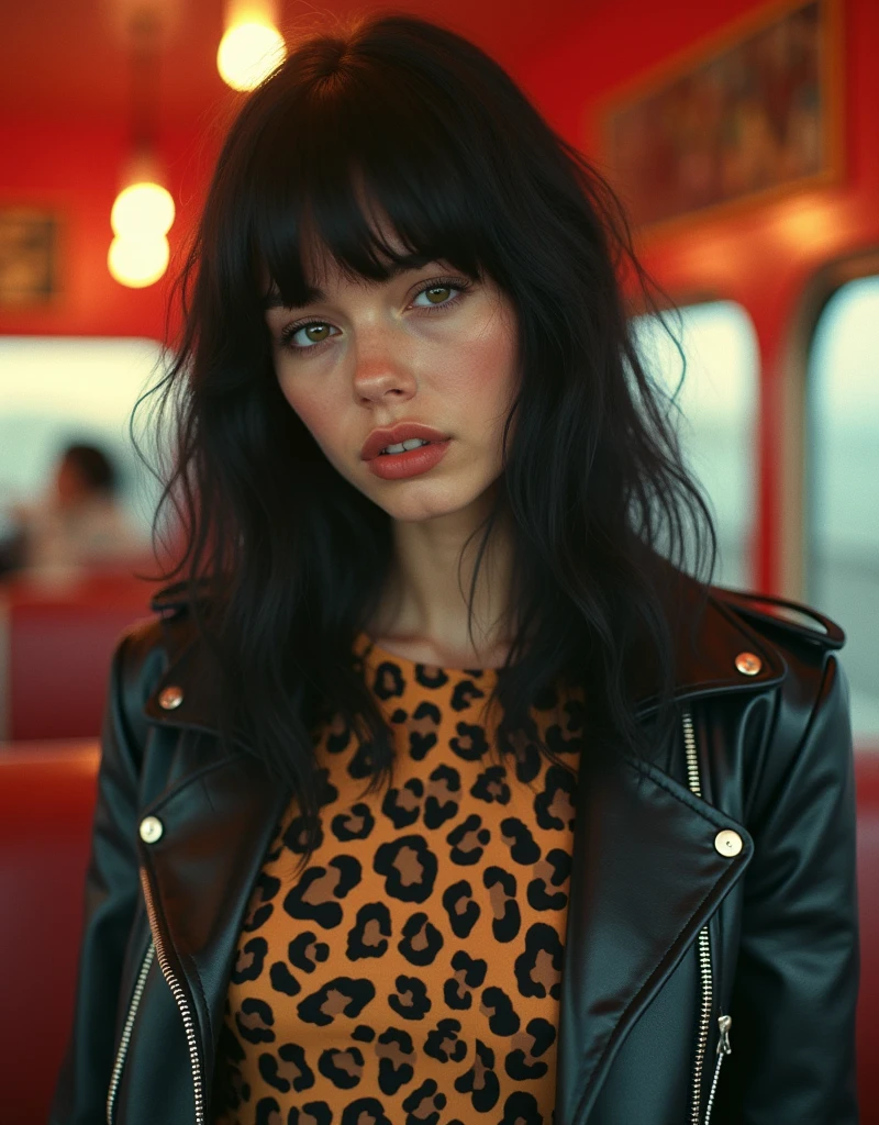 60s era rocker girl, about 25-years-old, black hair, bangs, leather jacket, leopard print t-shirt, garage rock style, retro, vintage magazine photo aesthetic, vivid lurid colors, intricate, americana vibe, sharp contrast, Thechiclor,