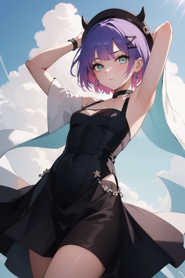 (Day:1.7), Sky Background,Blue sky and clouds,
Upright and immobile posture,Underarm,Raise your arms,
Black Wedding Dress,Black Bridal Veil,Off the shoulder,
Bitwise, short hair, Black Hat, beret, False horns, hair ornaments, Earrings, devil'tail,
1 person, 20-year-old,young woman,beautiful Finger,beautiful long legs,beautiful body,beautiful Nose,beautiful character design, perfect eye, perfect face,
View your audience, (Innocent_big_eye:1.0),(Expressionless:1.3),
Browsing Caution,Official Art,Very detailed CG ユニティ 8k 壁紙, Perfect lighting,colorful, bright_front_face_Lighting,
(masterpiece:1.0),(Highest_quality:1.0), 超High resolution,4K,Very detailed,
photograph, 8k, High resolution, High resolution, Absurd:1.2, Kodak Port 400, Film Grain, Blurred Background, Bokeh:1.2, Lens flare, (Vibrant_color:1.2)
(beautiful,Moderate_chest:1.4), (beautiful_face:1.5),(narrow_Waist),(Perfect hands, Perfect Anatomy),