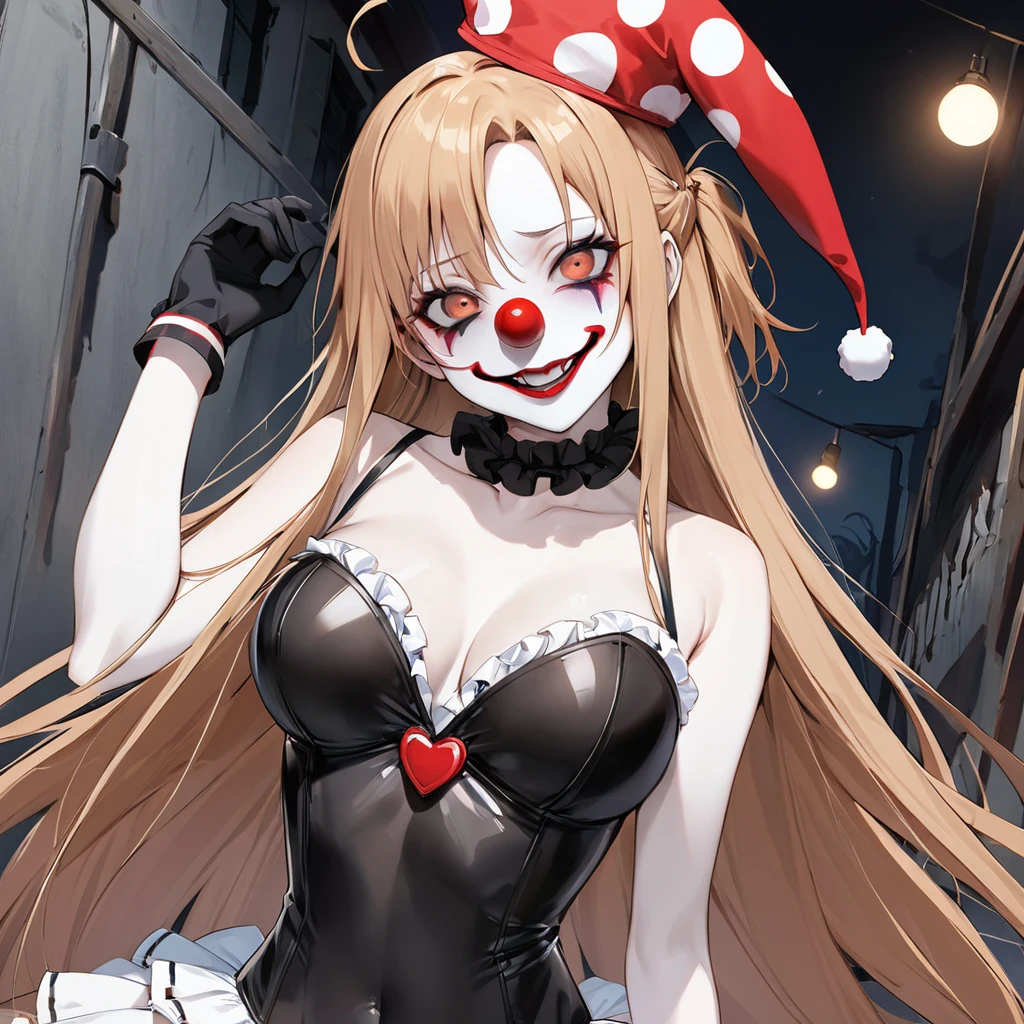 ((Highest quality)), ((masterpiece)), (detailed), (Perfect Face)、((The woman is Yuuki Asuna, with light brown, medium-long hair, pure white skin, and a creepy clown mask.))、The woman is a creepy, evil clown wearing a risqué black rubber V-neck leotard outfit, long black rubber boots, long black rubber gloves, lots of frills and clown decorations, a clown collar, a clown jester hat, a swallowtail skirt, and creepy clown makeup on her face and a red nose.、The woman is a creepy, evil, lewd clown who is a minion of an evil organization.