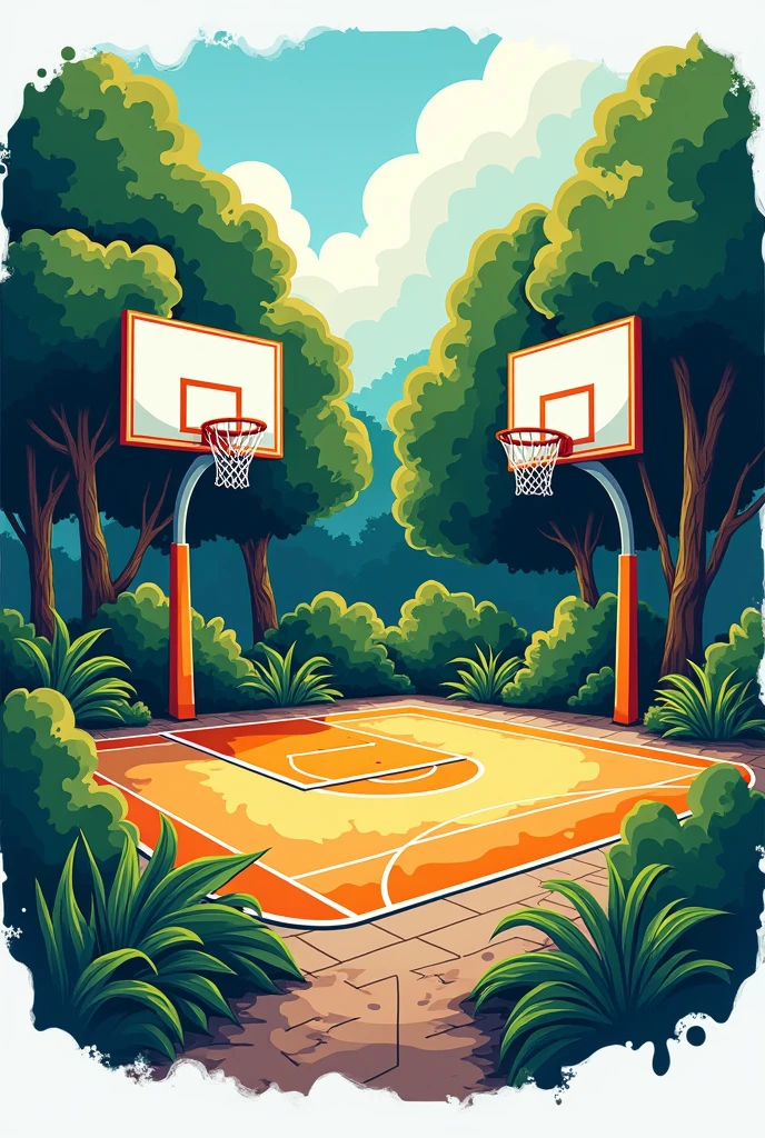 generates a logo of a cement court with basketball boards, colorful and with vegetation