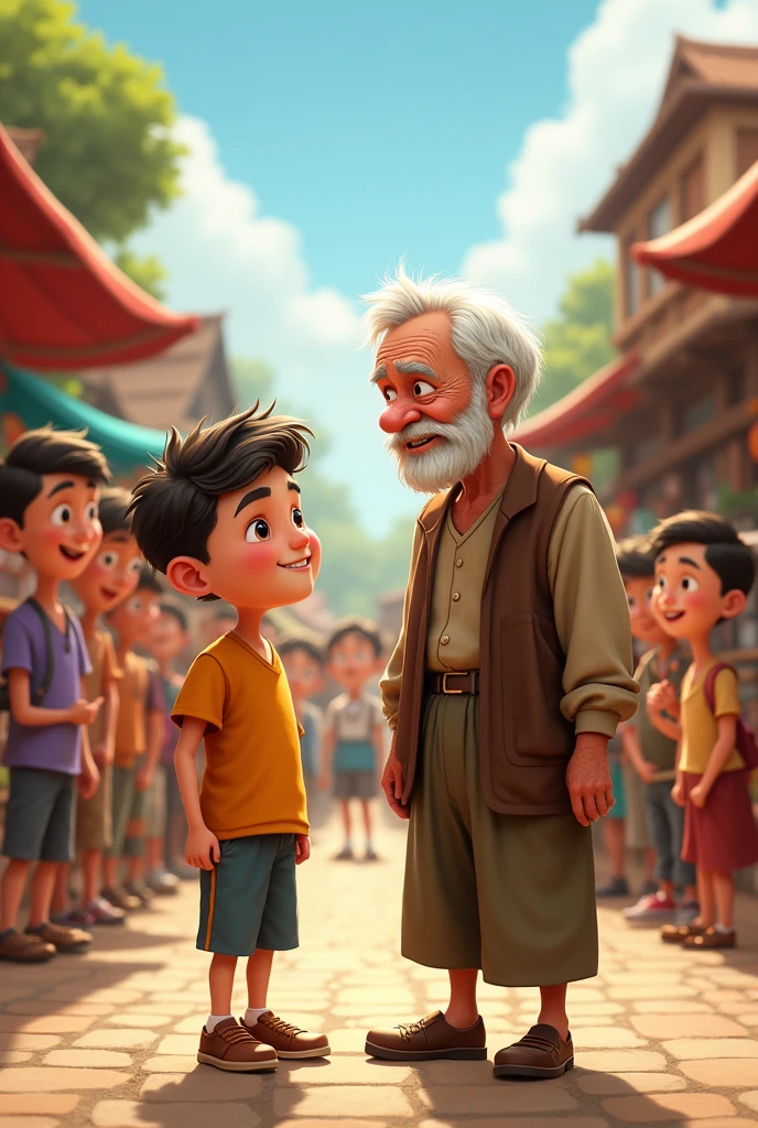 Cartoon character young boy and an old man are standing in village and many peoples are standing around them