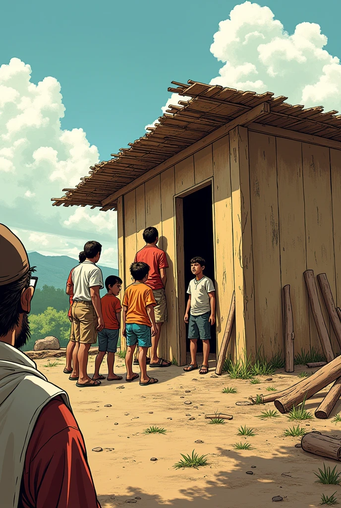 Description: The beginning of the construction of the school is shown. A group of people, including some children, helps to raise a simple structure, like a small school made of basic materials. At the bottom, You can see the priest Miguel Ranera Sánchez supervising the construction. comics style

