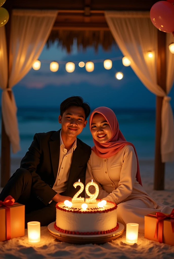 Portrait of young Indonesian man wearing suit and young Indonesian woman wearing hijab gamis,sitting holding a birthday cake in a gazebo on the beach,face pose in front of the camera,and on the birthday cake there is the writing happy birthday and the number 29,there is a gift,balloon,night full of lanterns