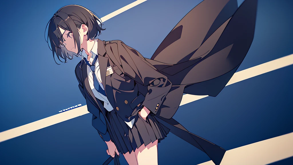 masterpiece,full body, 1girl ,black hair, short hair, straight hair,hair pulled back, black casual jacket, school uniform,uniform tie, finely detailed eyes and detailed , simple background ,time is background。 at a fairly far distance, hands in pockets, no fingers