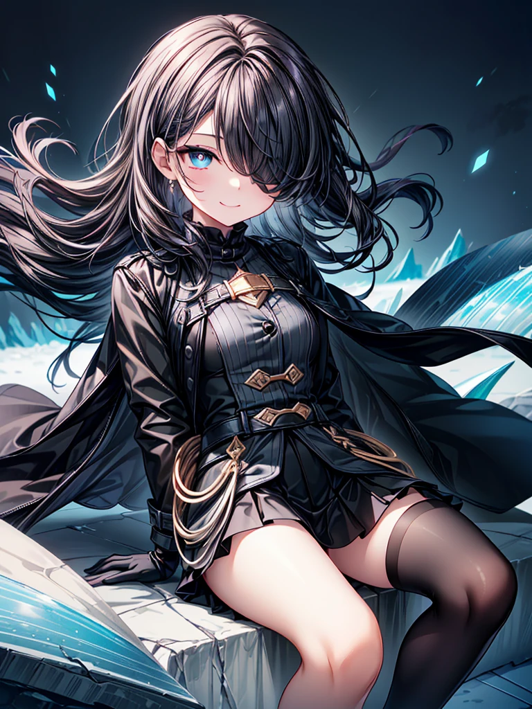 ((Celestial Glacier)),(skirt-lift),((lie on back, legs up high, spread legs, hold knees, vagina)),((Highest quality)),((black micro mini length skirt)),((alone)),((Deep blue pupils)),((sparkling eyes)),(Beautiful Blue Eyes),((Wearing a black coat)),(((Wearing black tights))),(Slim body),((length, Shiny black hair)),((Her hair is parted, and you can see her eyes through it)),((Wearing black gloves)),((hair over one eye,long hair)),((Complex background)),((Hair blowing in the wind),(grinning)