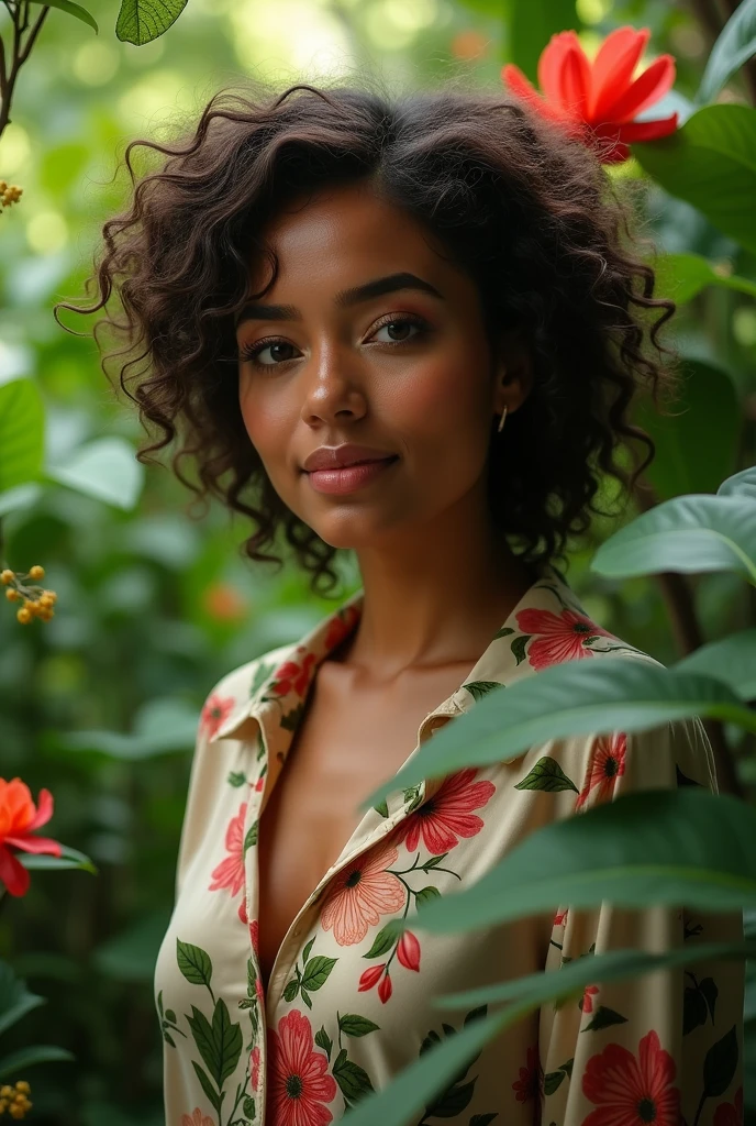A Brazilian woman in a lush tropical garden, wearing an open shirt with a floral print, with a close-up capturing the harmonious beauty between her breasts and the natural flowers, showing off your natural charm and outgoing personality.