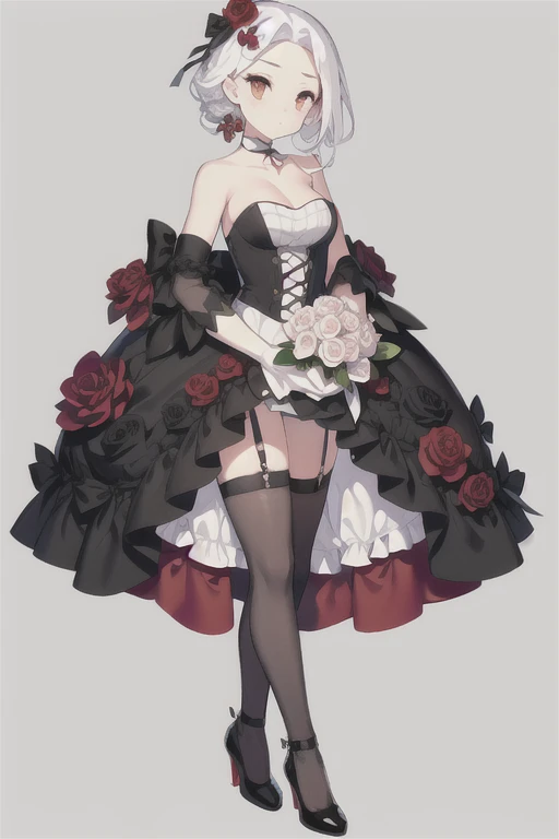 Vittorio_Veneto \(warship girls r\),((masterpiece)),(((best quality))),((ultra-detailed)),((illustration)),((disheveled hair)),((frills)),(1 girl),(solo),1girl, animal, bangs, bare shoulders, black dress, black flower, black footwear, black legwear, black ribbon, black rose, blood, bouquet, breasts, camellia, cat, cleavage, closed mouth, clothed animal, collarbone, dog, dress, elbow gloves, flower, full body, garter straps, gloves, gradient, gun, hair flower, hair ornament, high heels, holding bouquet, holding flower, jewelry, long hair, looking at viewer, low ponytail, medium breasts, orange eyes, pink rose, pubic tattoo, purple rose, red eyes, red flower, red rose, rose, rose petals, rose print, shoes, solo, spider lily, spot color, standing, strapless, strapless dress, stuffed animal, stuffed toy, thighhighs, thorns, twintails, short hair, weapon, white cat, white hair, white rose