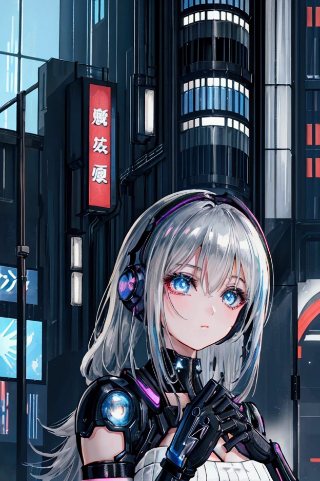 Cyberpunk worldview。a beautiful girl character。Your eyes are sparkling。Crouching down and looking up。Futuristic Cyberpunk City Background。Shiny retro material。Cyber Accessories。Digital headsets and gloves。Futuristic buildings。Vintage Cyberpunk。4K,Silver Hair。Holding out your hand。