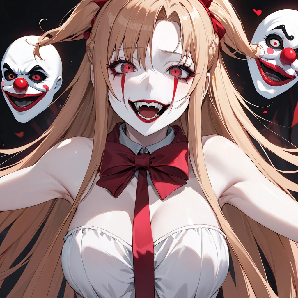 ((Highest quality)), ((masterpiece)), (detailed), （Perfect Face）、((The woman is Yuuki Asuna, with light brown, medium-long hair, pure white skin, and is wearing a creepy clown costume and a creepy clown mask.))、Woman is a creepy and evil clown with makeup on her face and a red nose、The woman is a creepy, evil, lewd clown who is a minion of an evil organization.