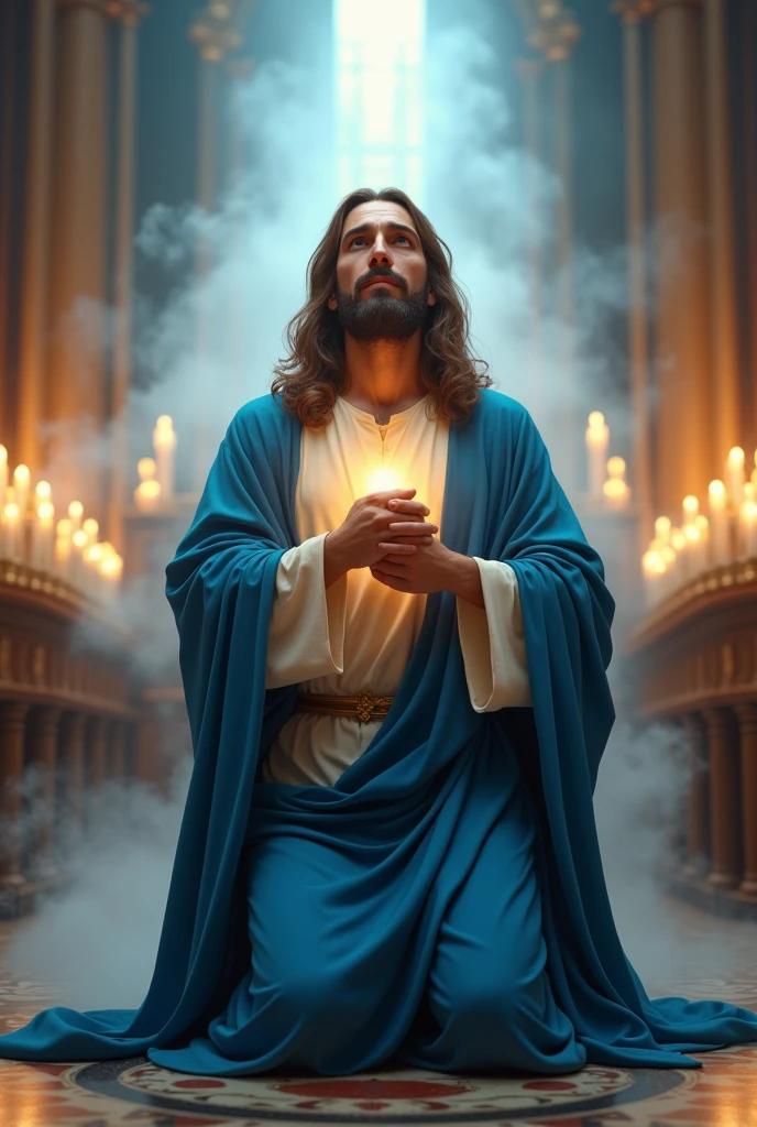 (photorealism:1.2), Crying handsome Jesus Christ, kneel praying under the altar of the priest that full of clouds and sorrounded of many candles, wearing blue king clothes with light in his head and heart spreading all over, perfect five finger, long beautiful hair, indoors, high lighting, clouds in background, beautiful light, perfect church and clouds, relaxed pose, realistic, intricate details, light colors,