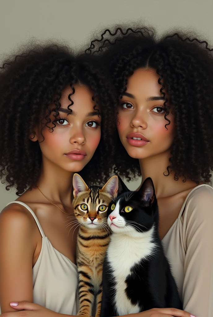 Create a drawing of a white woman with black curly hair and a white woman with black curly hair with a striped cat and another black and white cat
