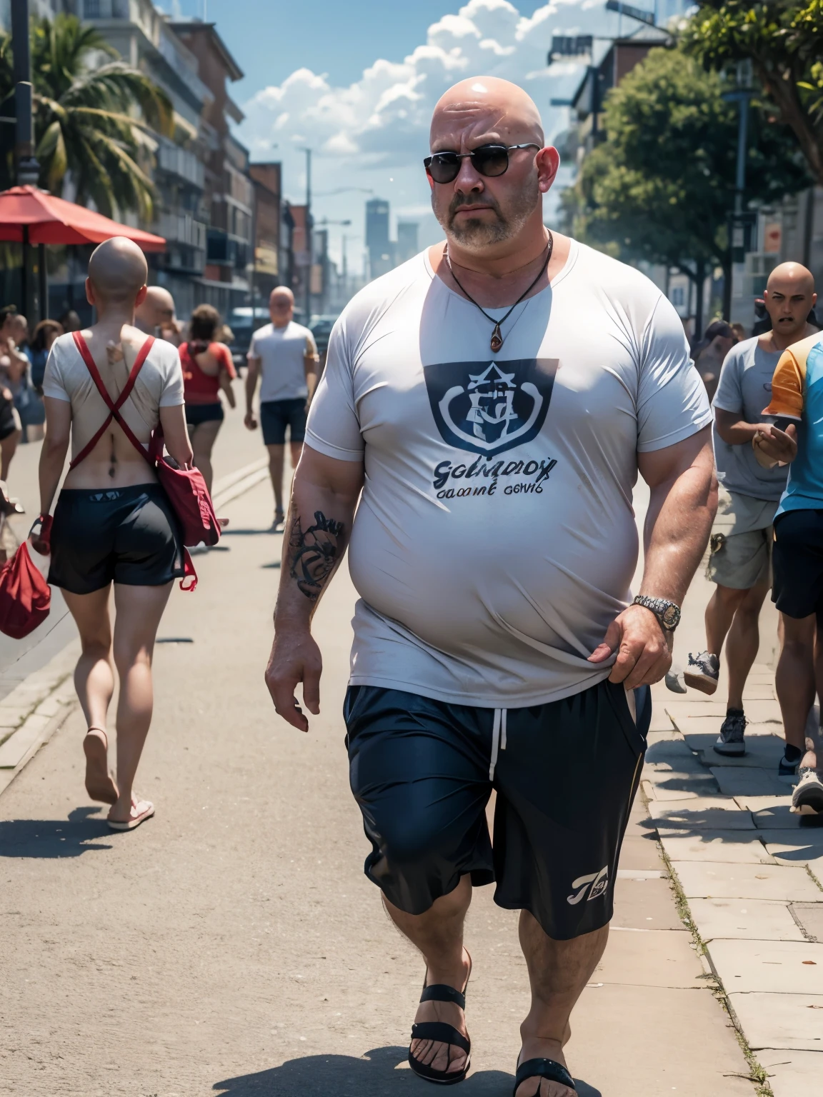 Typical British holiday-maker, walking on esplanade, fat round belly, squat, 70 years old, slouchy, shaven bald and sweating, wraparound sunglasses, texting, scowling at viewer, glum, miserable looking, fat neck, rubbish tattoos, wearing baggy red Manchester United soccer shirt and long baggy shorts, badly sunburnt head