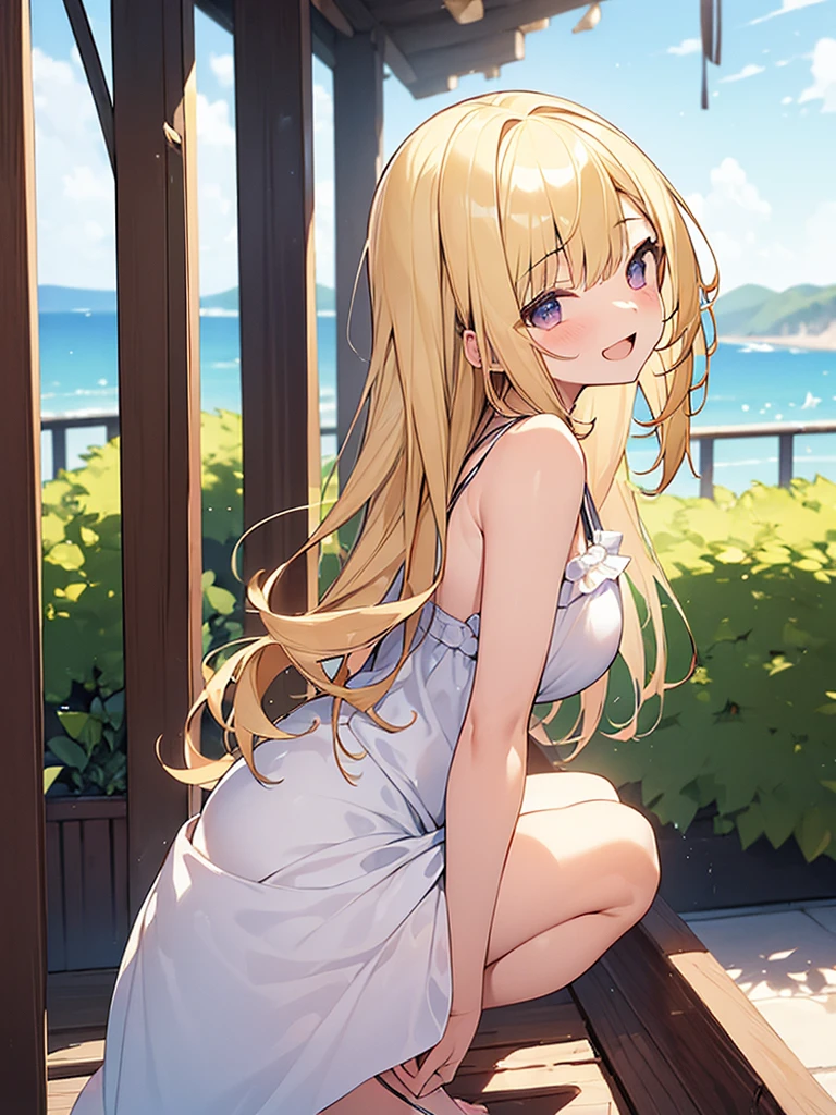 (Masterpiece, Top quality:1.5), nsfw, from side:1.2, (1 beautiful girl, solo:1.2), sitting, (Blonde:1.3), medium Hair, wavy Hair, asymmetry bangs, swept bangs, airy hair, large breasts:1.2, 14 year old, (sundress:1.3), smile:1.3, blush, beautiful scene of seaside, magnificent panorama view, blurry background ,open mouth