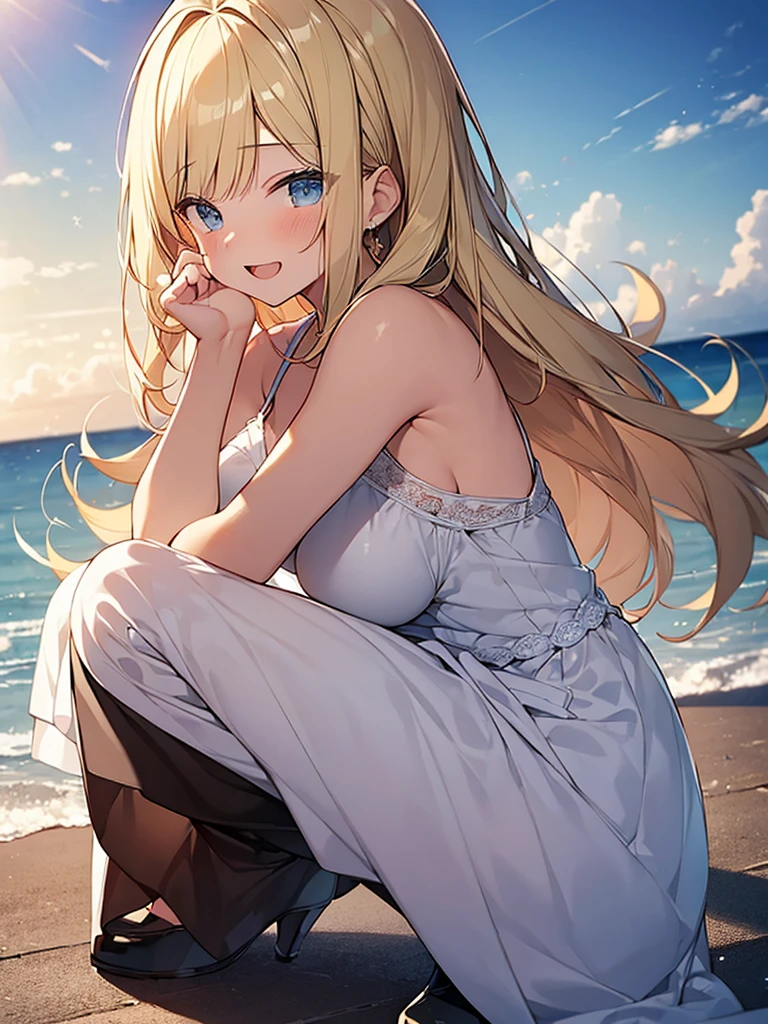 1 woman, sword art online asuna face, white bikini, flustered face, at beach, looking back.