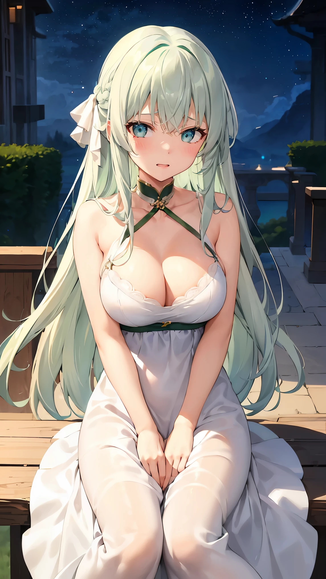 Long green hair,Inner color and white hair、 Beautifully shaped breasts with tension, Green Eyes, Moonlight、moonlight、White Casual Beauty Special、、、,Full body photo from head to toe、Proud expression、Older sister、Emotionally rich facial expressions、(Jump and drop into the air)、A sharp face、