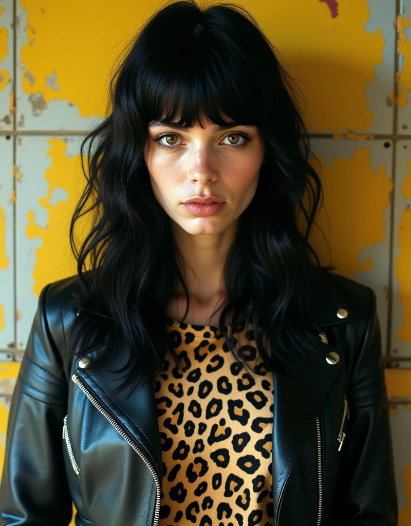 60s era rocker girl, about 25-tears-old, black hair, bangs, leather jacket, leopard print t-shirt, garage rock style, retro, vintage magazine photo aesthetic, vivid lurid colors, intricate, americana vibe, sharp contrast, Technicolor, wall with chipped paint and plaster