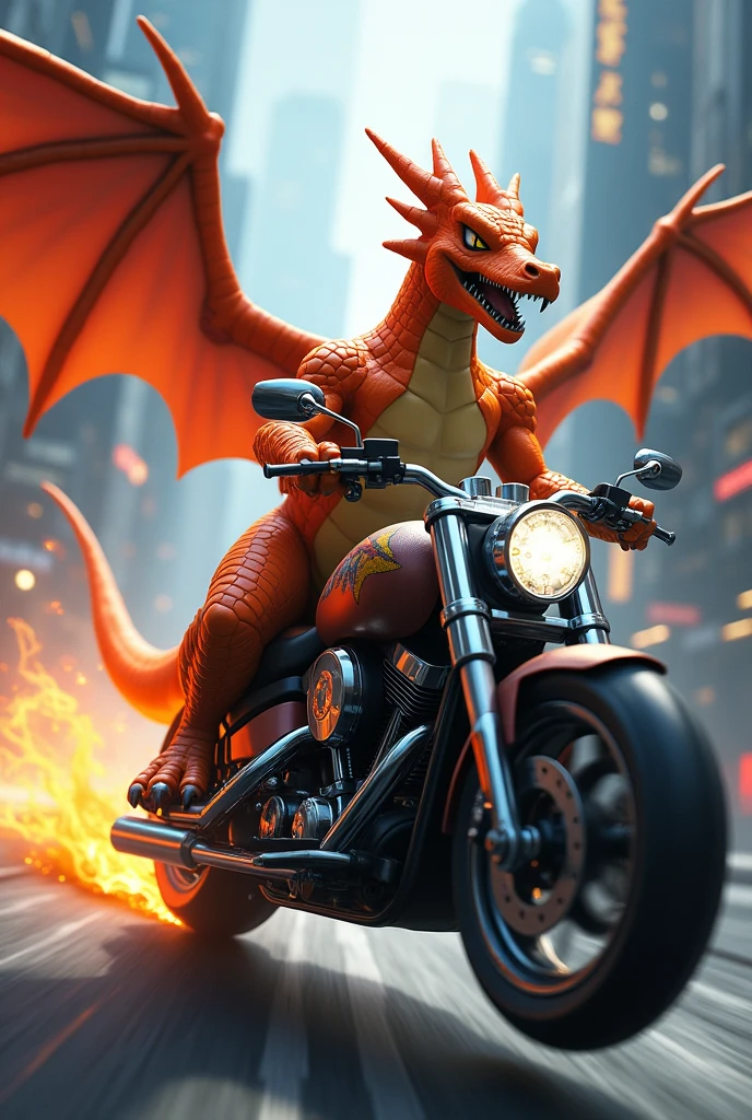 An image of Charizard riding a motorcycle