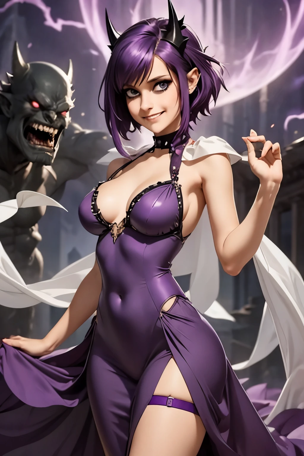 Ghost, (monster girl), purple skin, spikes, spiky purple hair, a fanged grin, floating hands, dressed in a dark-purple dress, floating in midair, masterpiece, best quality