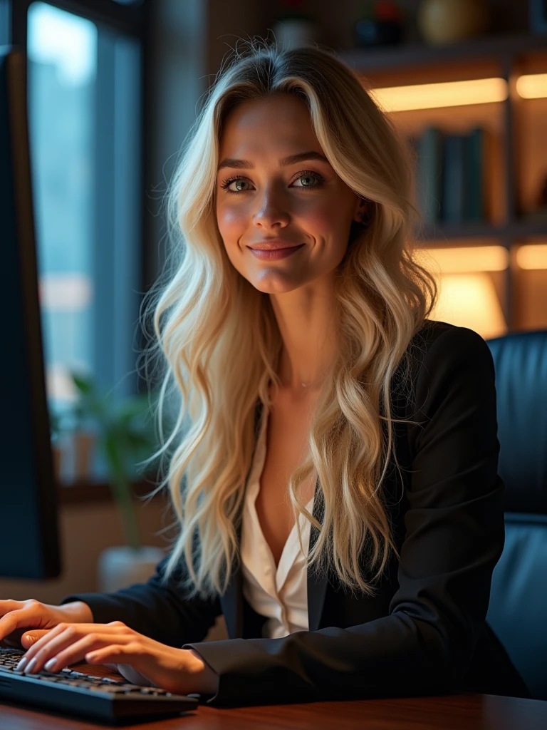 a beautiful girl with long blonde hair, detailed eyes, nose, and lips, wearing  professional outfit, siting in her office, using her computer, hp comuter (best quality,4k,8k,highres,masterpiece:1.2),ultra-detailed,(realistic,photorealistic,photo-realistic:1.37),HDR,studio lighting,extremely detailed face and body, portrait,cinematic lighting,dramatic lighting,warm color tones,dramatic colors