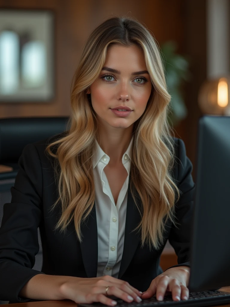 a beautiful girl with long blonde hair, detailed eyes, nose, and lips, wearing  professional outfit, siting in her office, using her computer, hp comuter (best quality,4k,8k,highres,masterpiece:1.2),ultra-detailed,(realistic,photorealistic,photo-realistic:1.37),HDR,studio lighting,extremely detailed face and body, portrait,cinematic lighting,dramatic lighting,warm color tones,dramatic colors