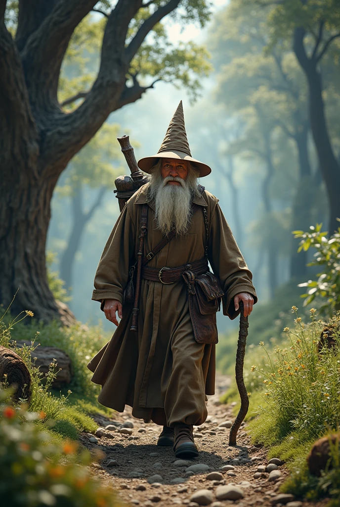 An old wizard with his brownish robe,wearing brownish hat and sling bag holding a cane walking in the wilderness.4k image,hyper realistic
