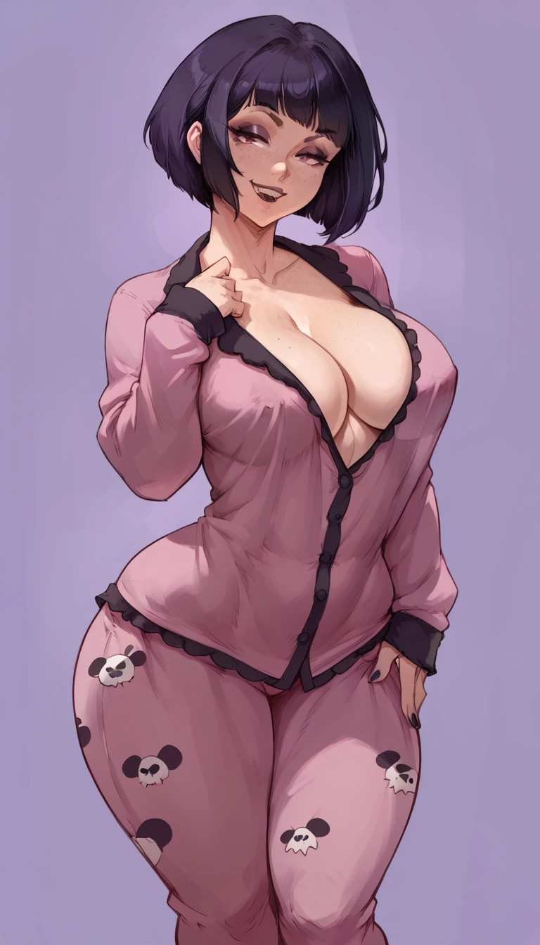 (solo) female , black short hair, woman, (big breasts:1.5), attractive, goth, body pajamas, fit body, thicc, freckles, freckles on face, smug eyes, (happy expression), she is standing look to the viewer , violet background, simple background, thick thighs (((back view)))