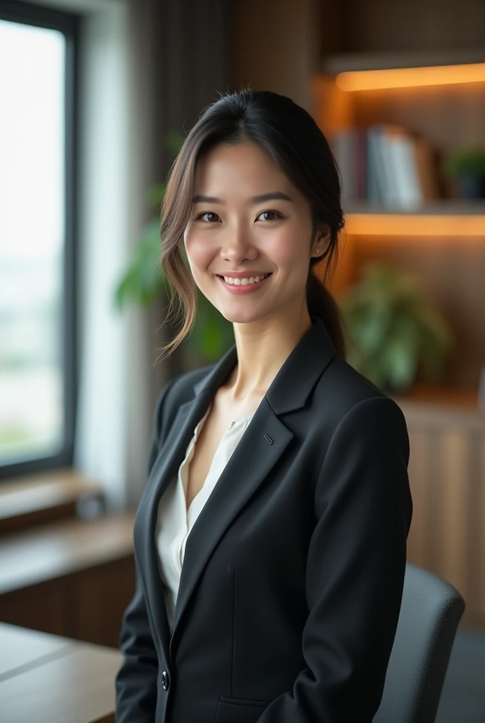 A Japanese woman in her 40s elegantly dressed in natural light、Professional atmosphere、A warm look、Looking this way。Inside the office。Real Estate Investor Advisor。