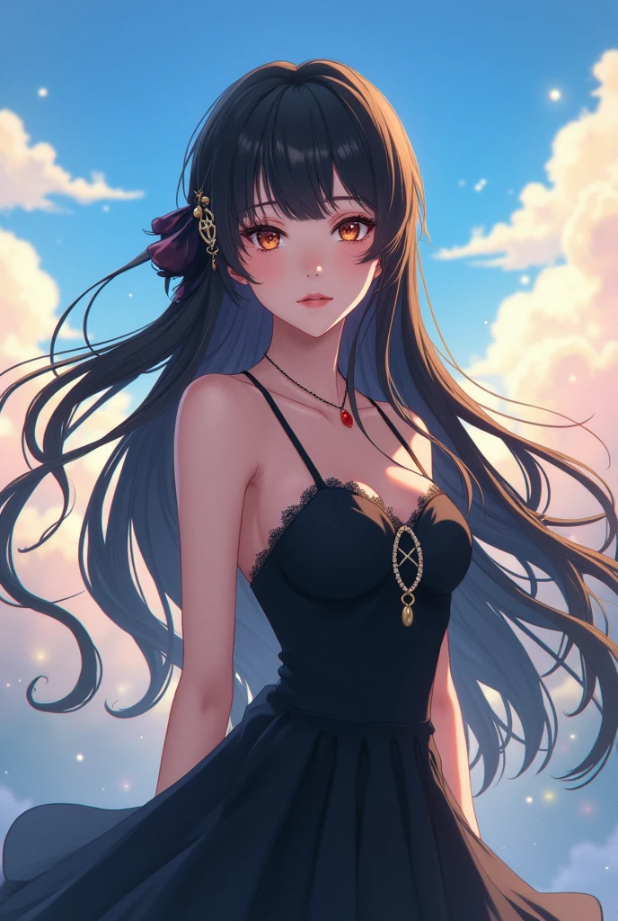 Ultra-high resolution, Clear face, （Reality： 1.4）, perfect lighting,(photorealistic), anime wallpaper, Guviz style artwork, fantasy to magic cover, beautiful artwork illustration, beautiful digital artwork, beautiful digital illustration , beautiful portraits, illustrations, delicate and beautiful, highly detailed, fine details, official art, highly detailed unity 8k CG wallpapers, highly detailed, high resolution, highly detailed, highly detailed eyes and faces, beautifully detailed eyes, cinematic lighting,1girl, solo, long hair, black hair, hair ornament, black dress,absudres, standing, (full body:1.3), (looking at viwer:1.3), (anime style:1.3),(pastel:1.5),