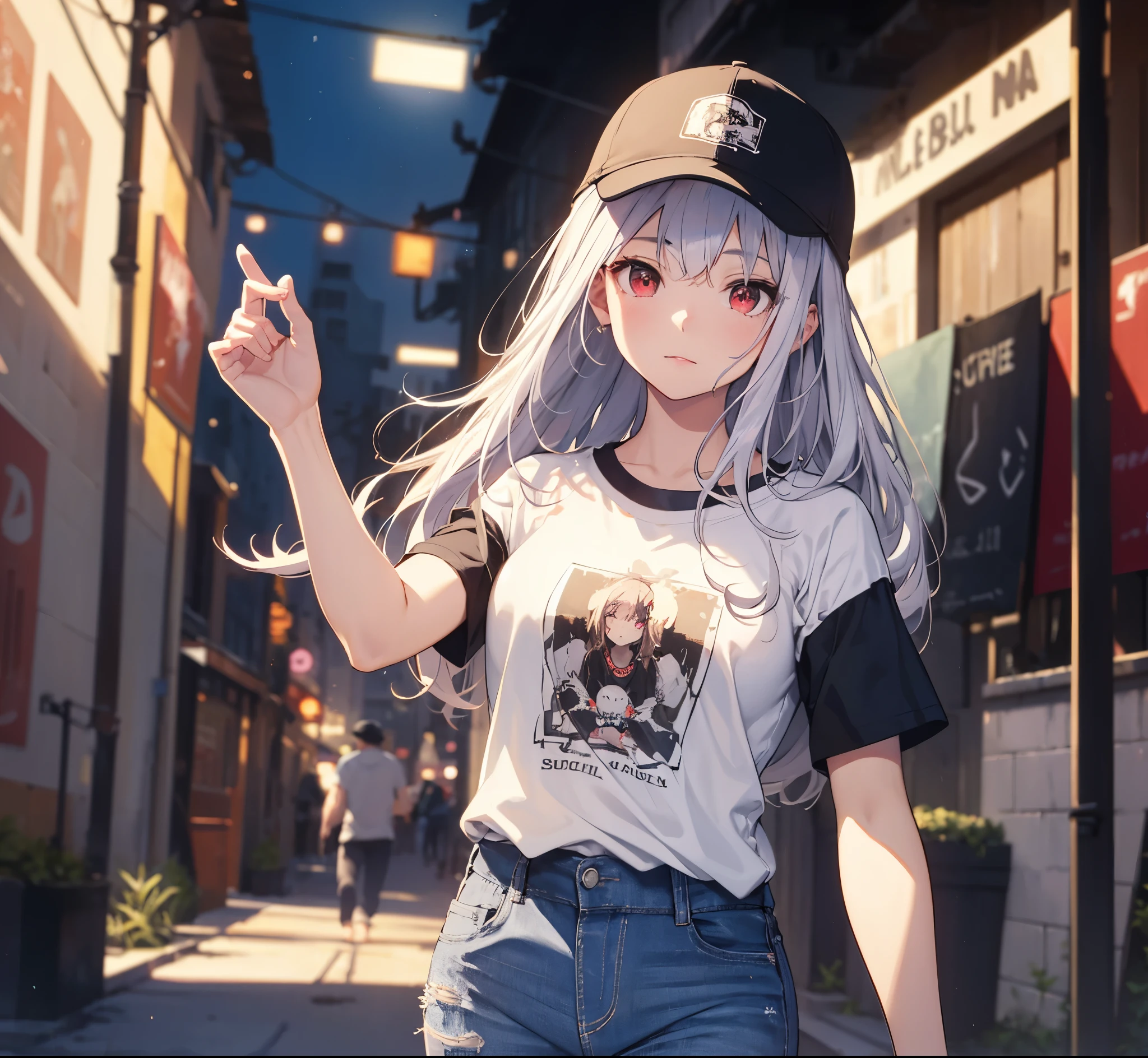 (Close-up:1.3),Realistic,Highest quality, Super detailed, High-quality CG rendering, The most delicate and beautiful, Floating softly, High resolution, (1 person), (Highest quality,4K,8k,masterpiece:1.2), Light purple hair,(Long Hair:1.5),Red eyes,(Black short sleeve T-shirt:1.4),(Pure white skinny jeans:1.4),(Pure white baseball cap:1.3),In the city,old buildings,Narrow Alley
