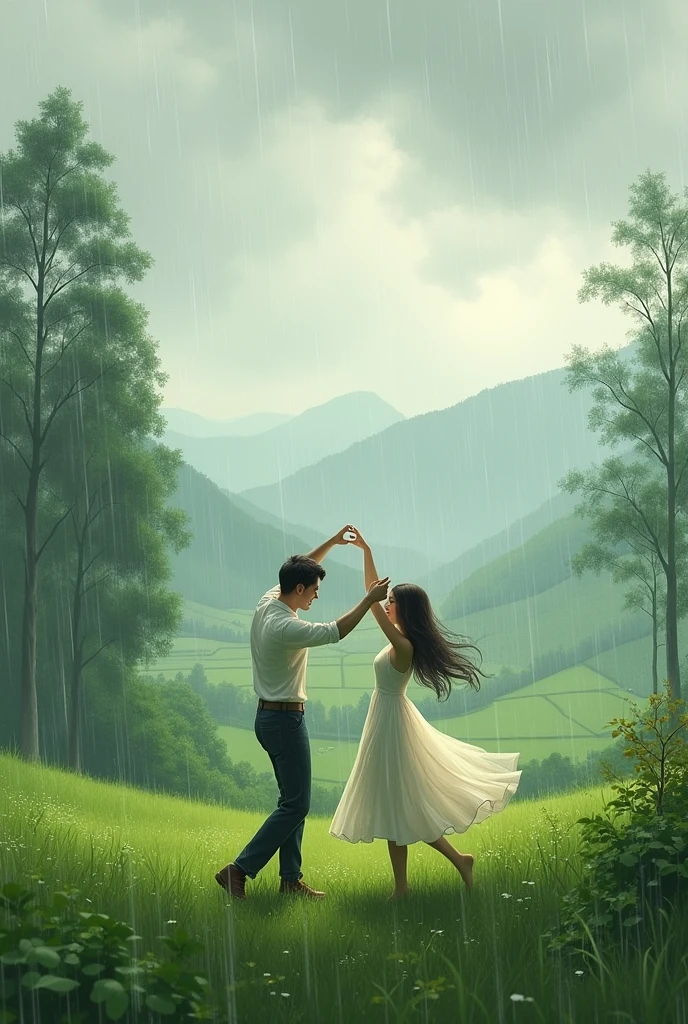 The rain still on a cloudy day in a green and beautiful rural place, add a dancing couple