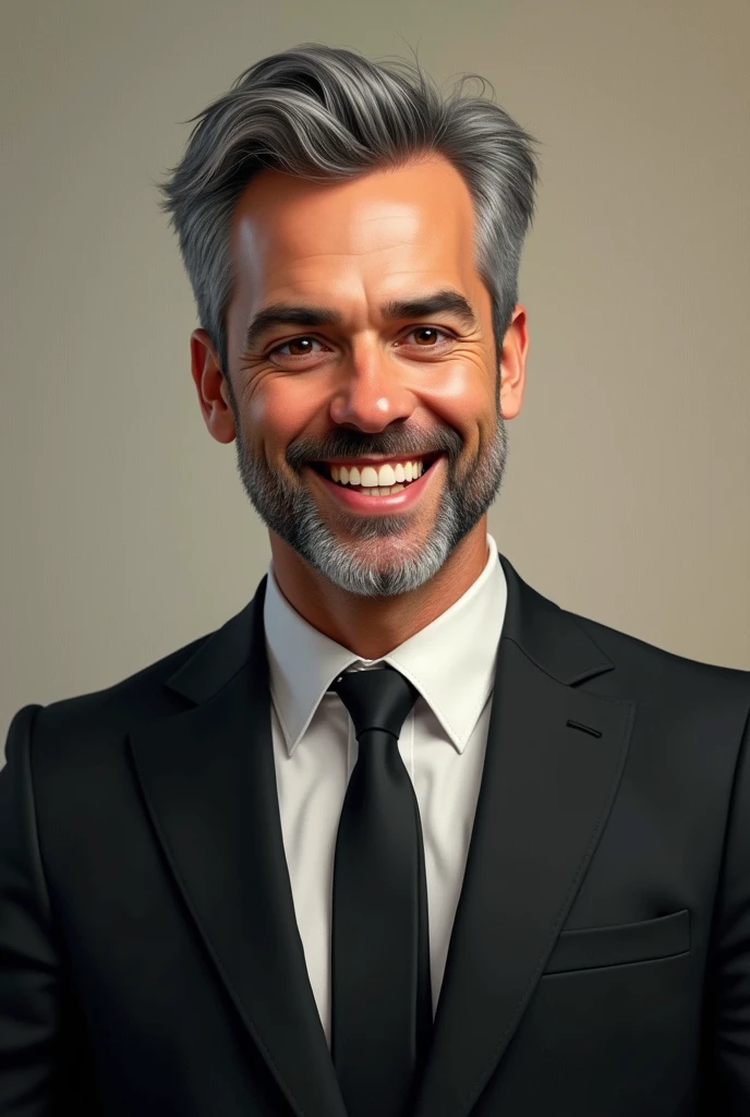 realistic portrait of young-aged business Specialist, 110 pounds weight, Specialistly dressed in a black suit, good quality, Highest resolution, look directly into the camera, Specialist, beautiful detailed eyes slightly brownish, beautiful detailed lips, Short beard, greying short hair, Friendly expression, warm smile, elegant appearance, correct lighting, simple backround, Canvas Medium, ultra-detailed texture,​masterpiece:1.2