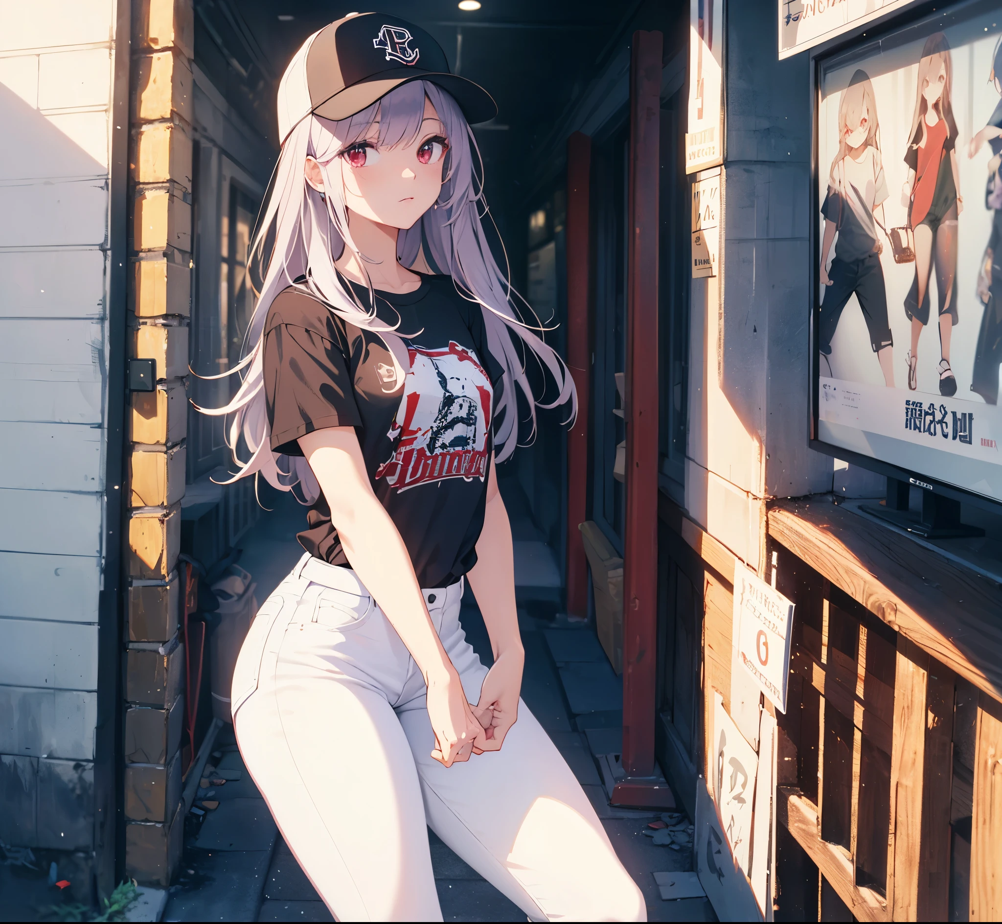 (Close-up:1.3),Realistic,Highest quality, Super detailed, High-quality CG rendering, The most delicate and beautiful, Floating softly, High resolution, (1 person), (Highest quality,4K,8k,masterpiece:1.2), Light purple hair,(Long Hair:1.5),Red eyes,(Black short sleeve T-shirt:1.4),(Pure white skinny jeans:1.4),(Pure white baseball cap:1.3),In the city,old buildings,Narrow Alley