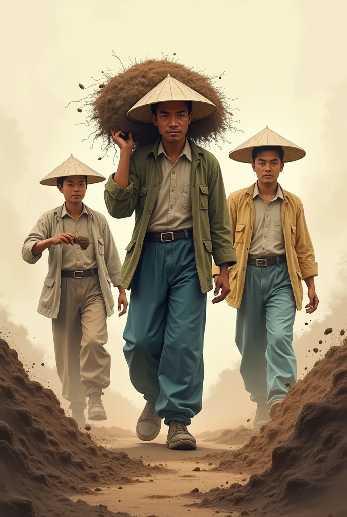 Based on the Chinese painting style from the 1950s to the 1970s。Draw a picture of three working people working，One of the most central and important，The biggest task is to hold the soil，The rest does not matter, and people&#39;s labor is the most glorious.。