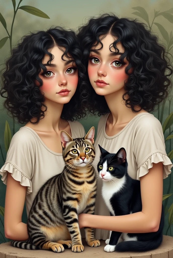 Create a drawing of a white woman with black curly hair and a white woman with black curly hair with a striped cat and another black and white cat