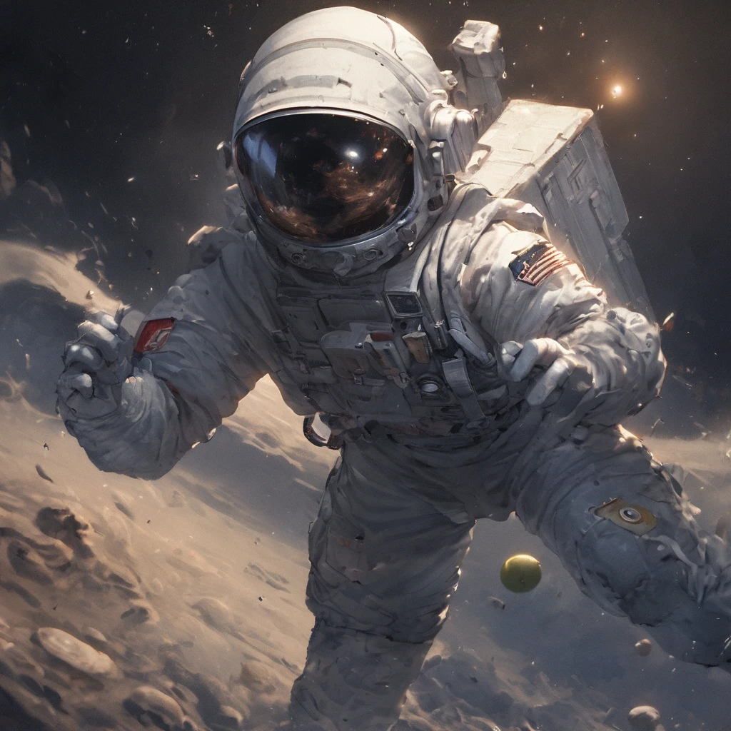 An 8K high-resolution illustration of an astronaut playing tennis on the surface of the moon, using a small meteorite as a tennis ball. The astronaut, wearing a detailed space suit with the helmet visor up, is captured mid-swing, about to hit the meteorite with a tennis racket. The moon’s surface is depicted with realistic craters and dust, and the Earth is visible in the dark starry sky above, providing a stunning backdrop. The astronaut’s movements are dynamic and powerful, demonstrating the sport in a low-gravity environment. The meteorite is shown mid-flight, with a trail of moon dust behind it. The scene is illuminated by the harsh yet beautiful sunlight reflecting off the moon's surface, highlighting the textures and details of the astronaut’s suit and equipment.
High resolution, masterpiece, 最high quality, accurate, detail, 高いdetail, High-resolution model, high quality,