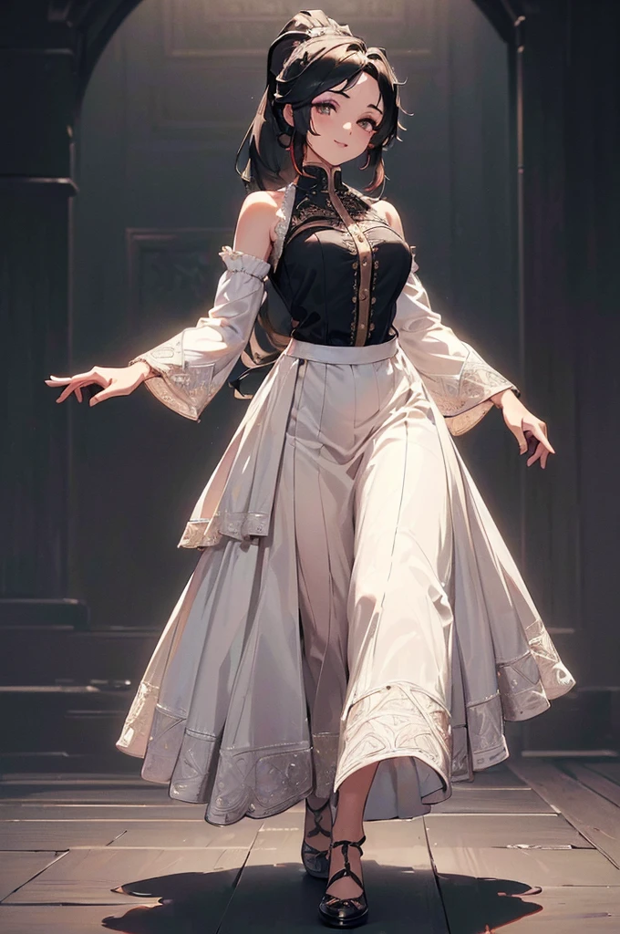 ((((High resolution, Intricate details, masterpiece, 8k)))), (((beautiful, bustle dress))), ((One Woman, full body, Walking)), (Black Hair, Long Hair, ponytail, slender), from front, looking at viewer, look at viewer, Red cheeks, smile, Dance, bright,