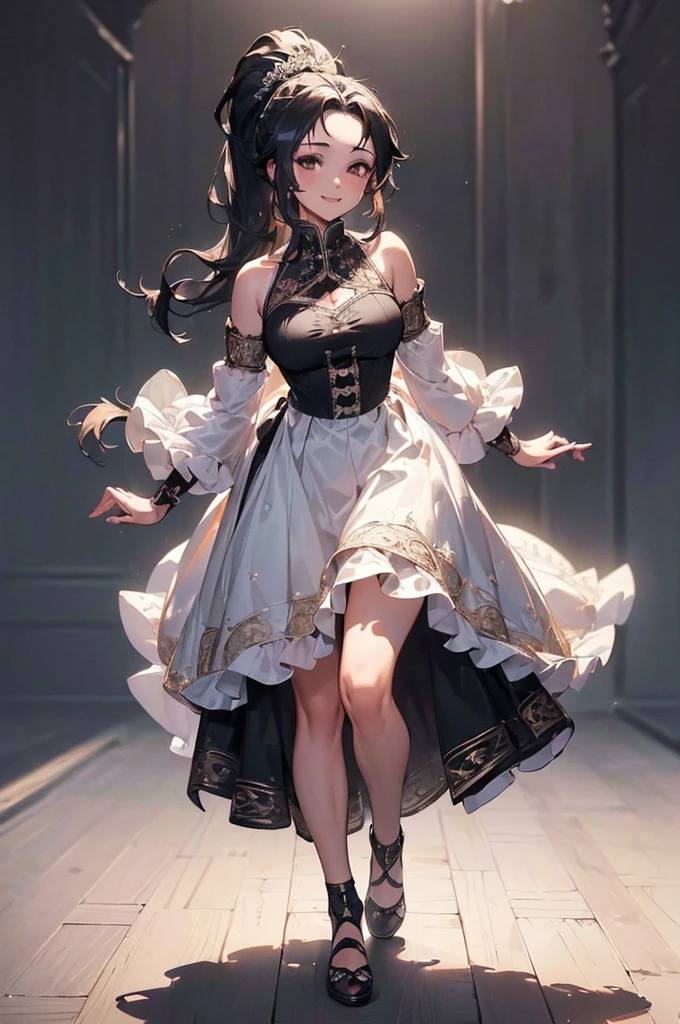((((High resolution, Intricate details, masterpiece, 8k)))), (((beautiful, bustle dress))), ((One Woman, full body, Walking)), (Black Hair, Long Hair, ponytail, slender), from front, looking at viewer, look at viewer, Red cheeks, smile, Dance, bright,