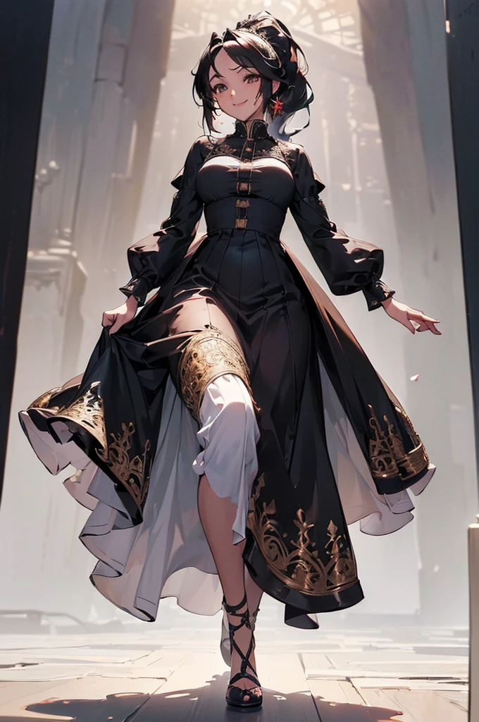 ((((High resolution, Intricate details, masterpiece, 8k)))), (((beautiful, bustle dress))), ((One Woman, full body, Walking)), (Black Hair, Long Hair, ponytail, slender), from front, looking at viewer, look at viewer, Red cheeks, smile, Dance, bright,
