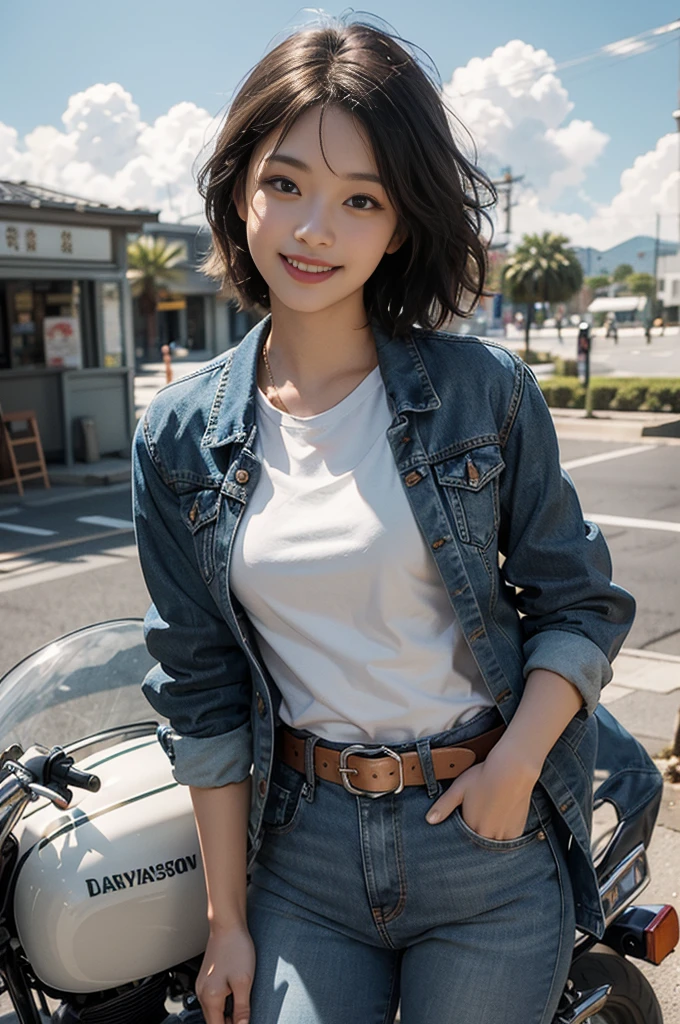 Best image quality、Ultra-high resolution、Tabletop、Photo quality(Realistic:1.8)、pores、Accuracy、Japanese women、23-year-old girl、Black-haired、cuteえくぼ、Young Face、cute、Short Bob、Slender、Small breasts、 Flat Chest、To the camera、Turn your body forward、Gravure Beautiful Girl、whole body、Gulf Road、Palm tree、Denim Jacket、Denim pants、Leather Belt、Teardrop Sunglasses、blue sky、White cloud、Light of the sun、Reflective plate、chopper motorcycle、 pull back handle、 easy rider style、red Harley-Davidson、sit astride a motorcycle、protrude、Laughing with your mouth open、White teeth、Happily、Look straight ahead、