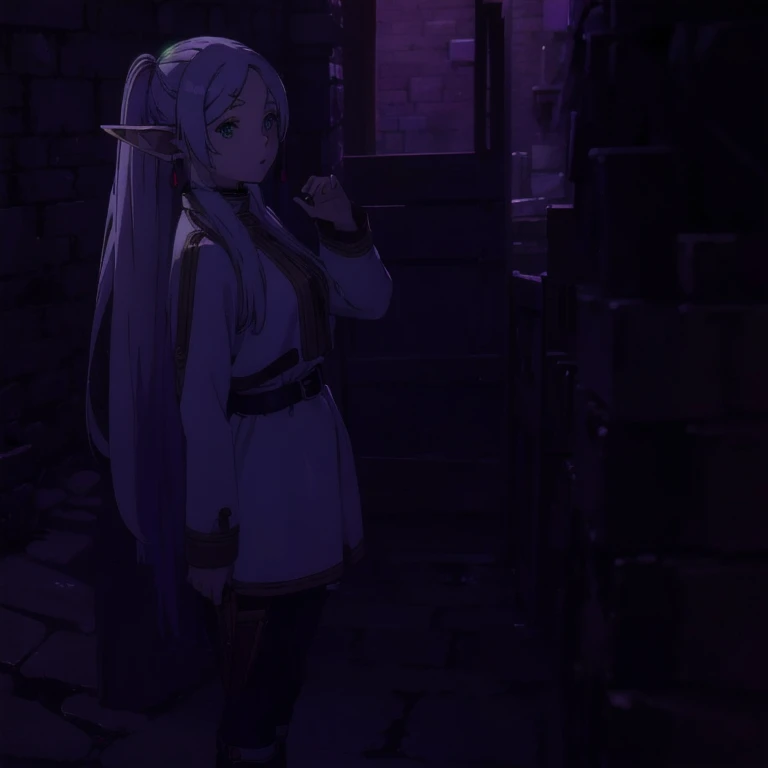 1girl, Frieren, (masterpiece:1.3), sexy pose, completely in the frame, sexy, (high resolution), (extremely detailed),perfect face, nice eyes and face, (best quality), (super detailed), detailed face and eyes, (solo), textured skin, absurdres, highres, wz_sousou_no_frieren_style, wz_sousou_no_frieren_style, twintails, very long hair, silver hair, pointy ears, elf, green eyes, earrings, belt, white sleeves, pov, selfie, butterfly, grass, stone street