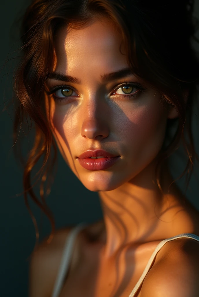 beautiful detailed woman, beautiful detailed eyes, beautiful detailed lips, extremely detailed face, 1girl, no bra, , looking at viewer,, elegant, graceful, charming, (best quality,4k,8k,highres, masterpiece:1.2),ultra-detailed,(realistic,photorealistic,photo-realistic:1.37),chiaroscuro lighting,dramatic lighting,cinematic lighting,dramatic colors,vibrant colors,dark moody colors