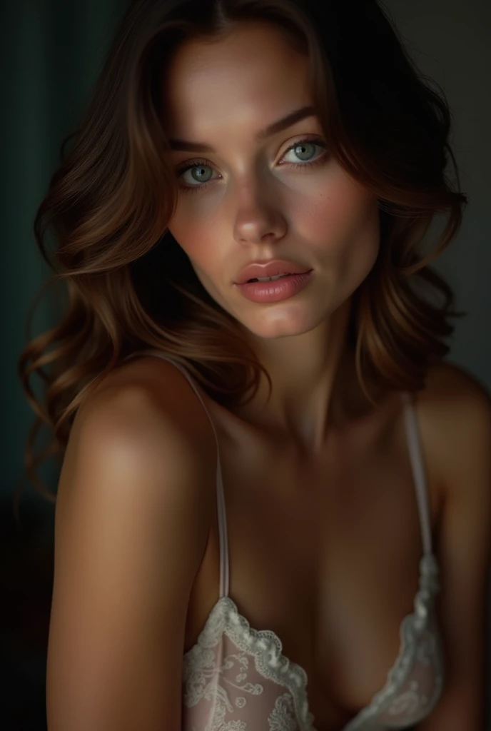 beautiful detailed woman, beautiful detailed eyes, beautiful detailed lips, extremely detailed face, 1girl, no bra, , looking at viewer,, elegant, graceful, charming, (best quality,4k,8k,highres, masterpiece:1.2),ultra-detailed,(realistic,photorealistic,photo-realistic:1.37),chiaroscuro lighting,dramatic lighting,cinematic lighting,dramatic colors,vibrant colors,dark moody colors